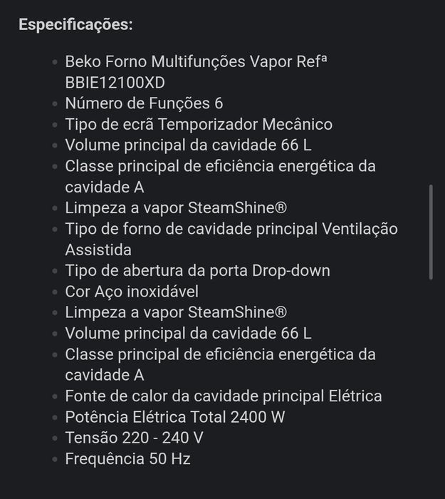 Forno de Encastrar BEKO Multifunções. Estado Novo. Torres Vedras.