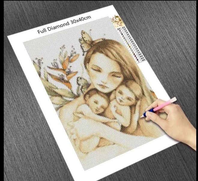 Haft diamentowy matka z dziećmi bliźniaki