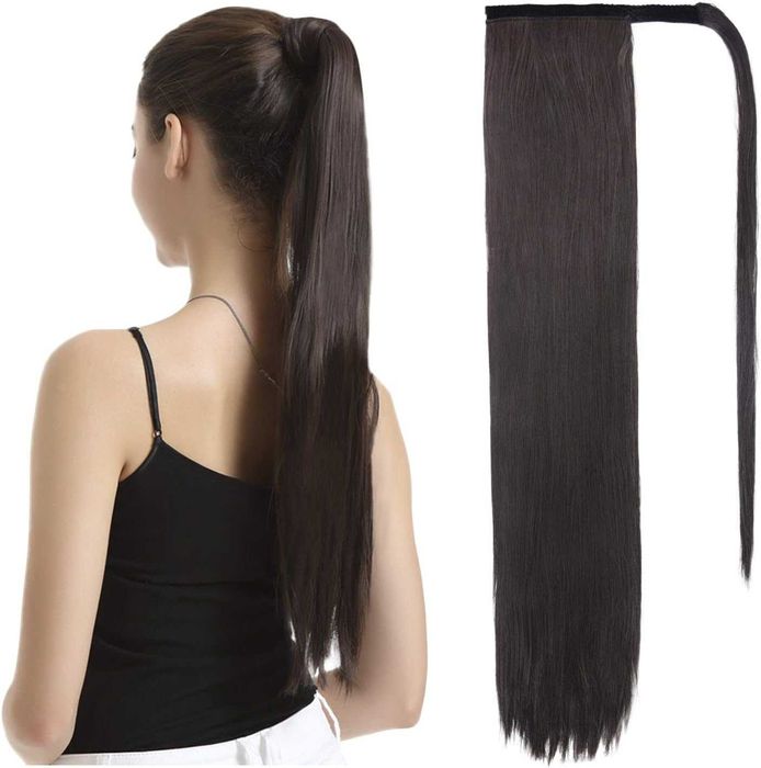 Doczepiany kucyk kitka 60 cm włosy proste bardzo ciemny brąz