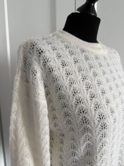 Biały kremowy ażurowy dłuższy sweter z okrągłym dekoltem New Look 36 S