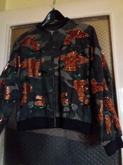 Kurtka bomberka khaki jeans Disco cekiny M