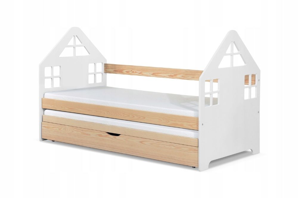 Podwójne łóżko sosnowe Domek z ciekawym zagłówkiem