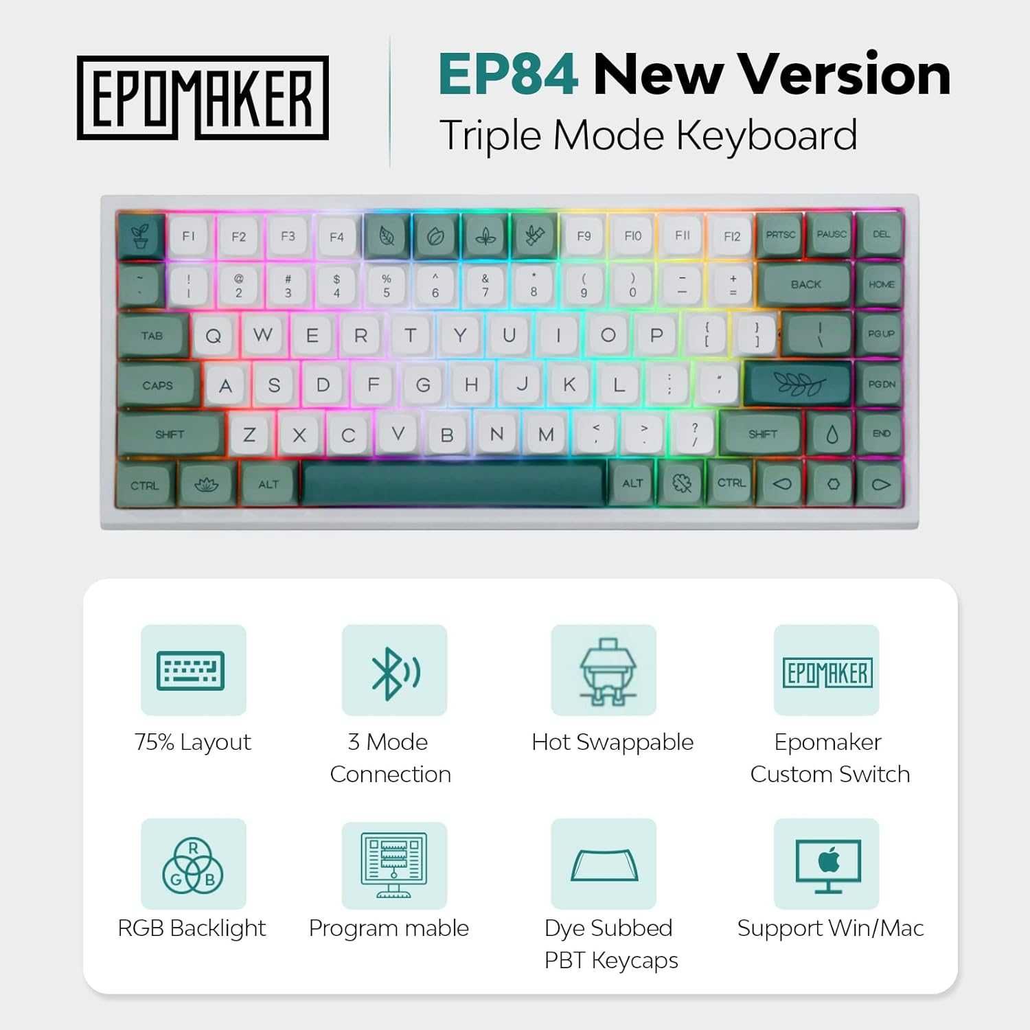EPOMAKER EP84 ulepszona 75% RGB Hot-Swap 2,4 GHz/Bluetooth 5.0