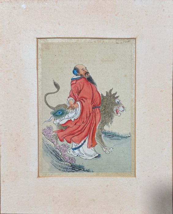 Figuras mitológicas chinesas pintadas em aguarela sobre  seda.