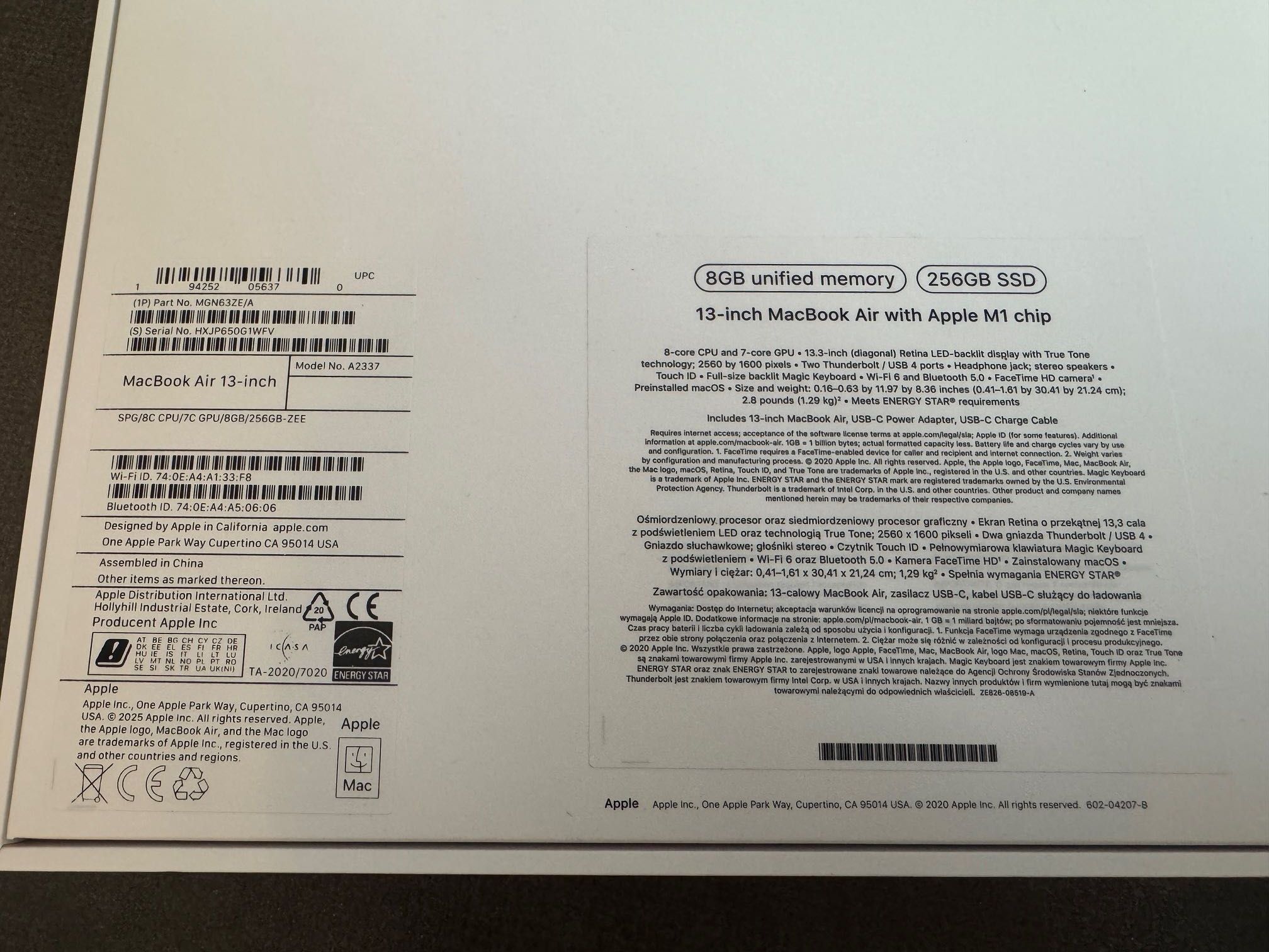 Nowy Apple MacBook Air 13 M1 8/256GB SSD Szary