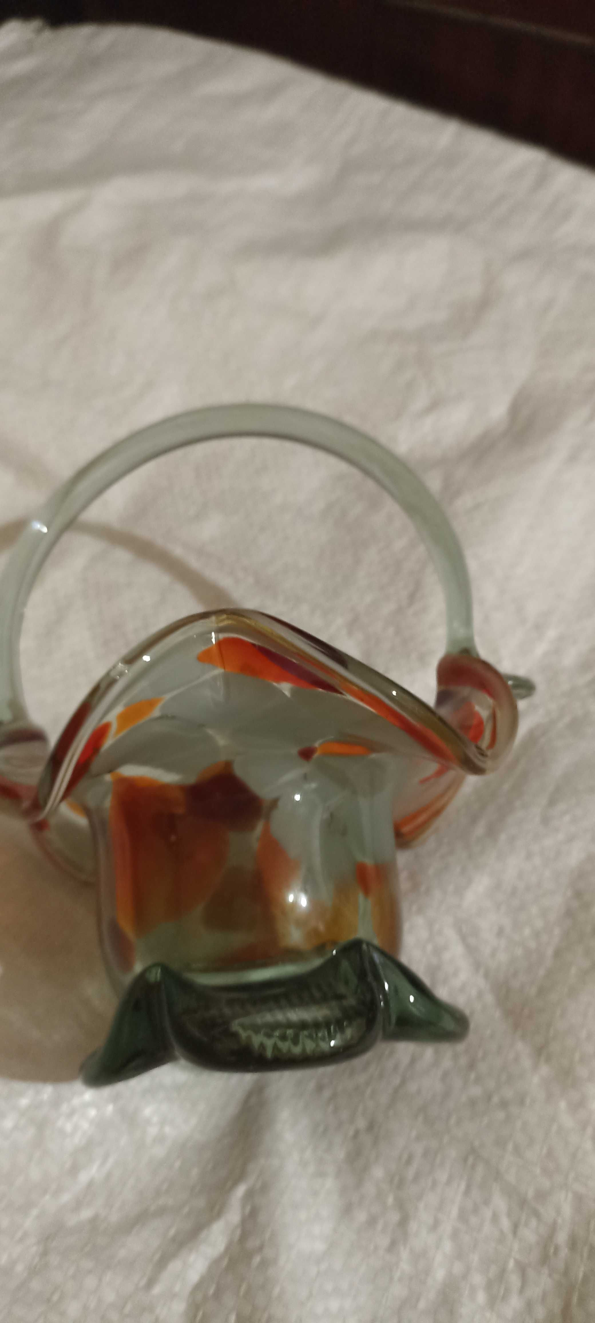 Вінтажна декоративна ваза-корзинка з кольорового гутного скла