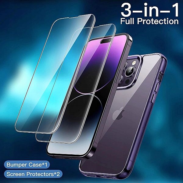 Etui iPhone 14 Pro Max 6,7" x2 Szkło Hartowane JETech 3w1 głęboki fiol