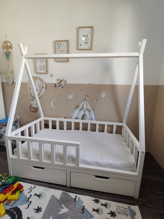 Łóżko dla dziecka Tipi jak domek drewniane sosna handmade z materacem