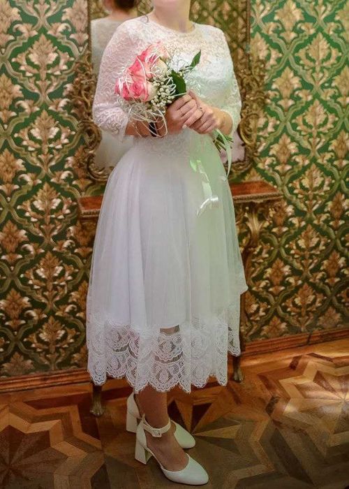 Сукня весільна мереживо, біла, розмір 46