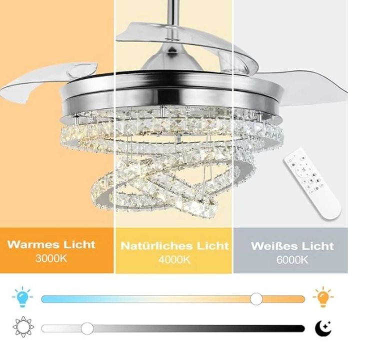kryształowy żyrandol, wentylator sufitowy Lampa z 3 diodami LED Pilot