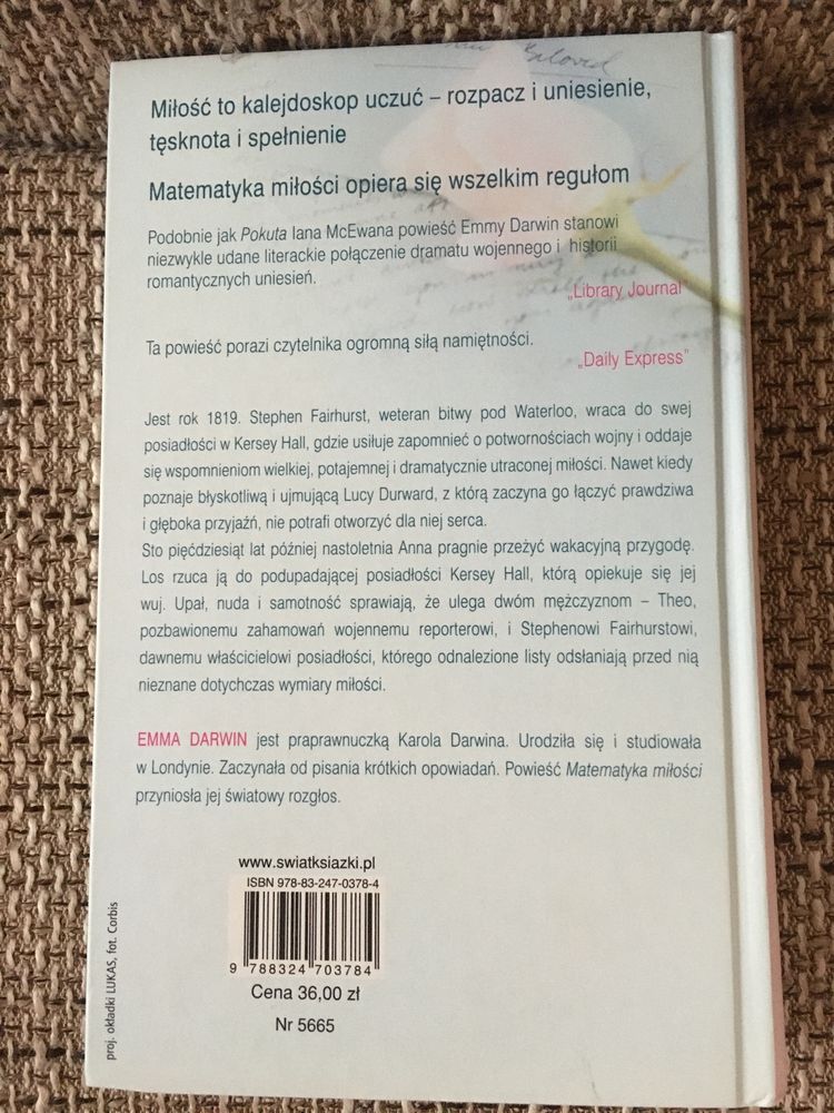 Książka, powieść; Emma Darwin „Matematyka miłości”
