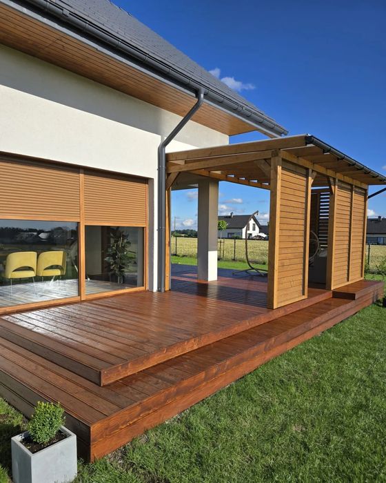 Pergola, wiata, taras • dach: poliwęglan, gont lub blachodachówka