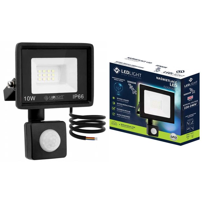Halogen lampa z czujnikiem ruchu naświetlacz led biały zimny IP66 10 W