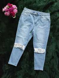 Spodnie jeansowe jeansy dziury wysoki stan plus size modne hit viral