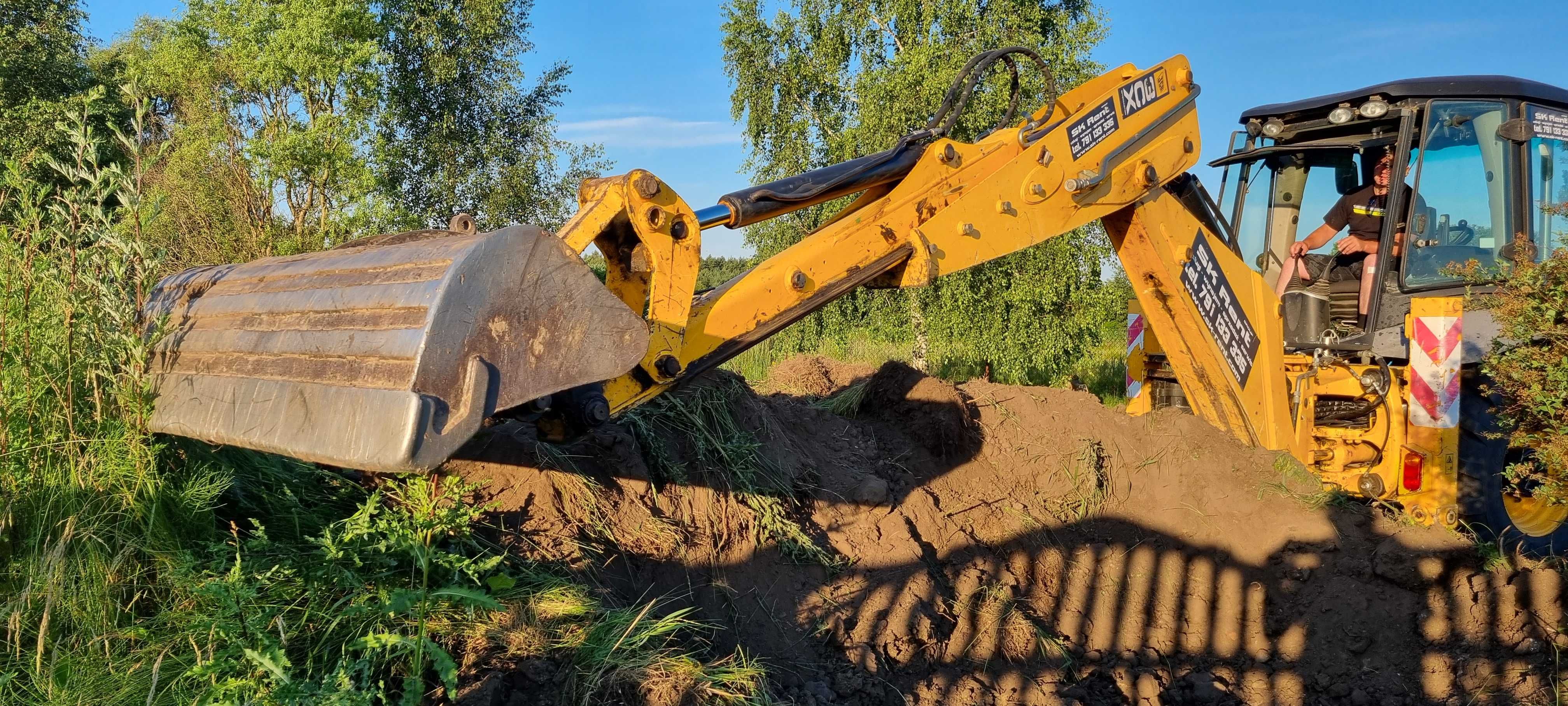 Usługa wynajem koparko ładowarka JCB 3CX wykopy równanie humusowanie