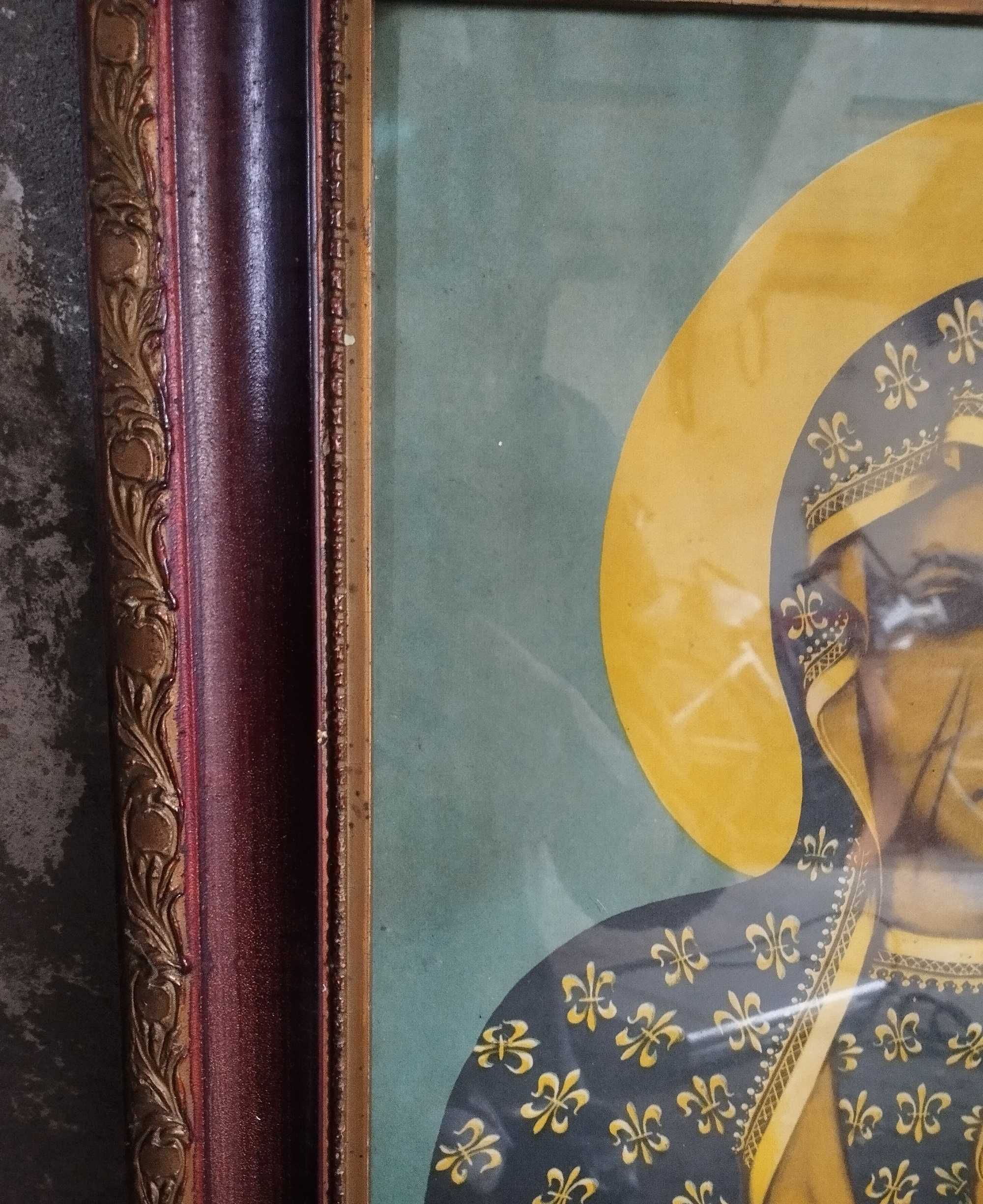 Piękny bardzo stary obraz religijny Matka Boska Częstochowska drewno