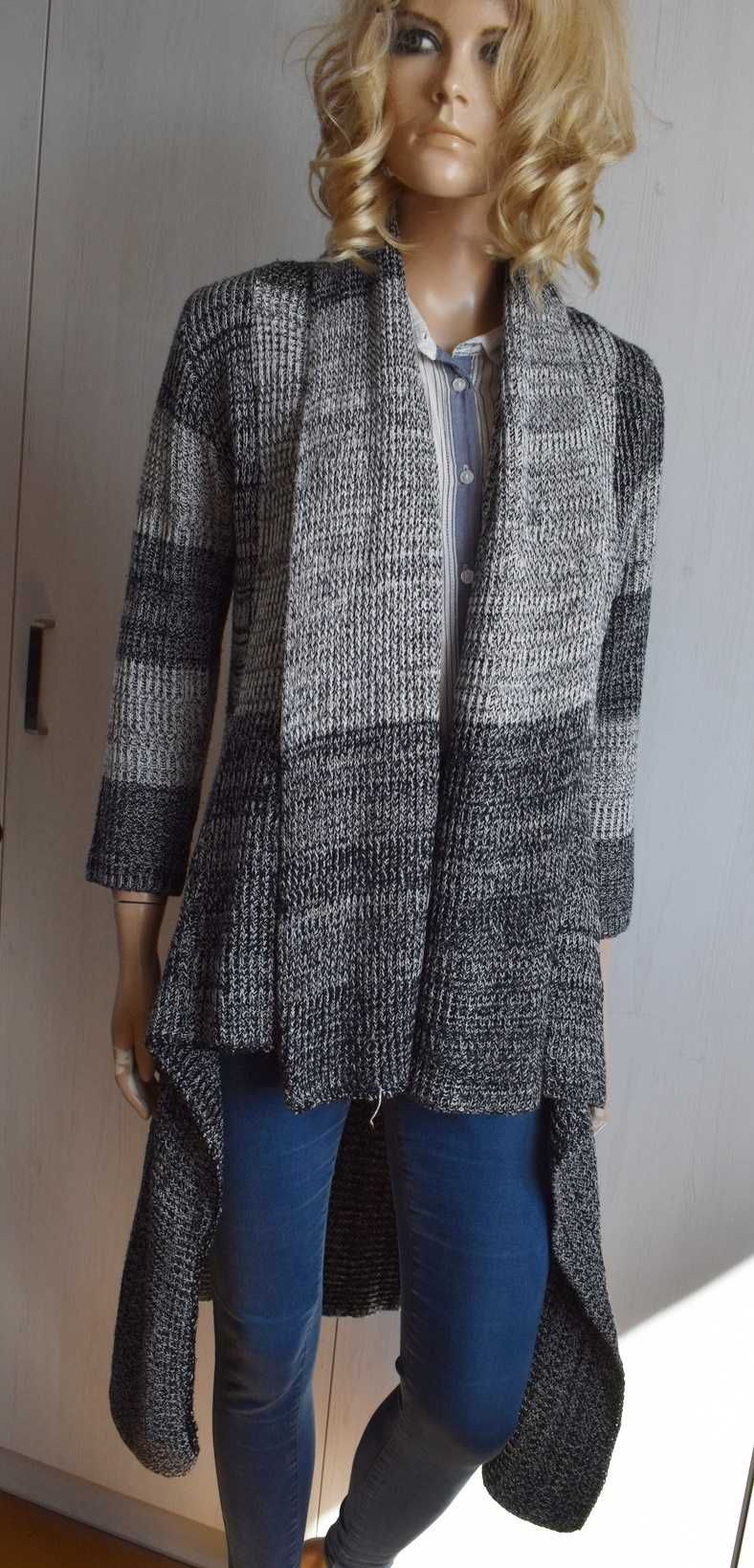 Sweter M L 38 kardigan asymetryczny waterfall długi niezapinany