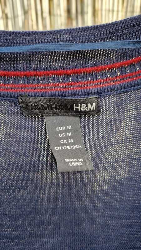 H&M kardigan sweter sweterek granatowy czerwony paski wełna modny 38/M