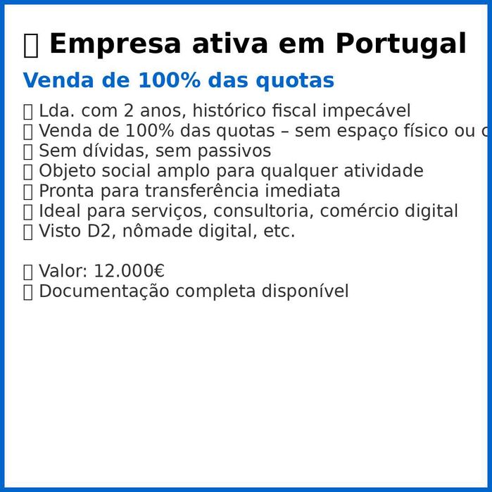Empresa ativa em Portugal – Venda de 100% das quotas
