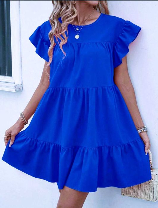 Chabrowa dziewczęca sukienka rękawki falbanki