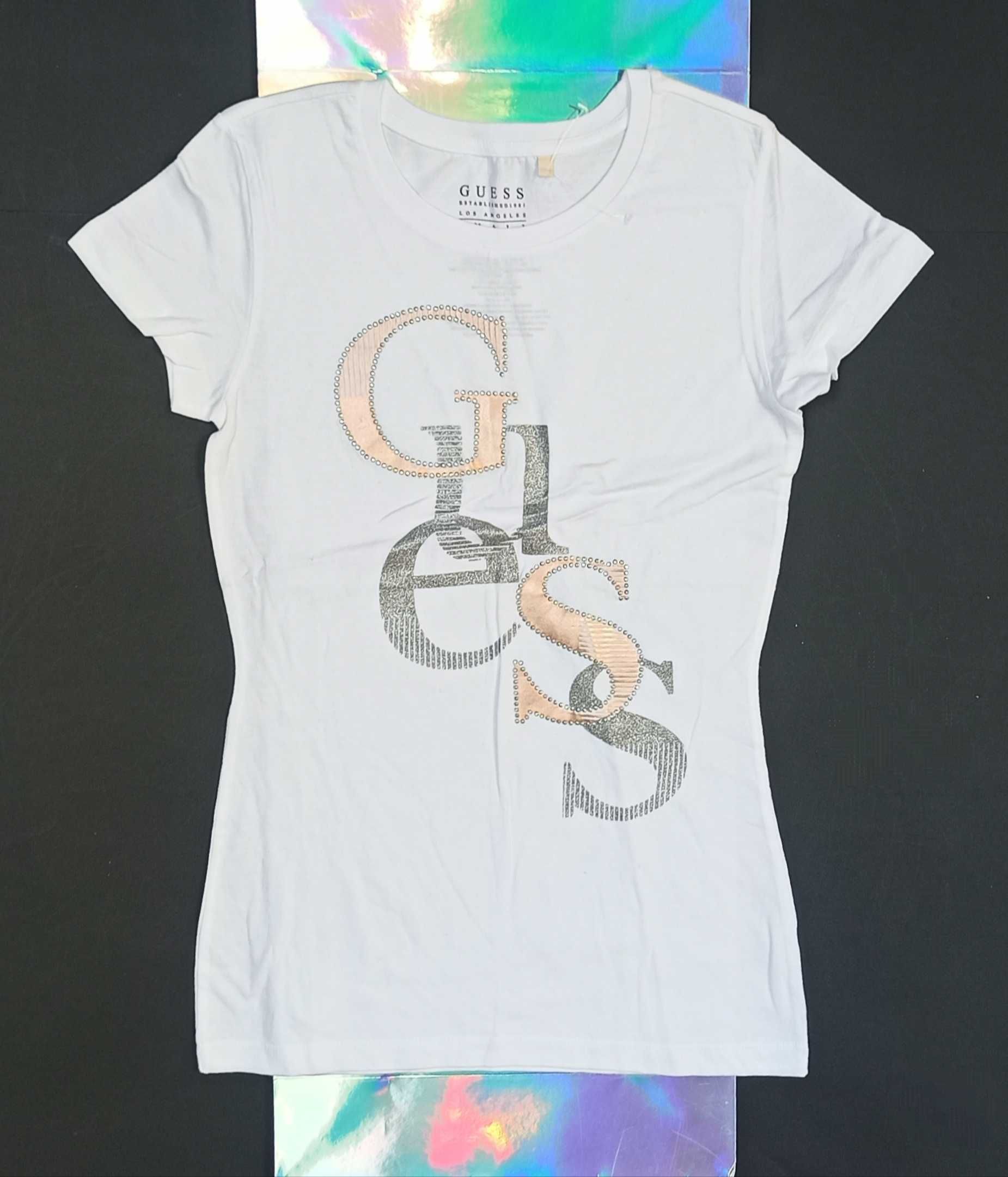 GUESS Oryginalna! Koszulka Bluzka T-Shirt Bialy Rose Zloty Srebrny