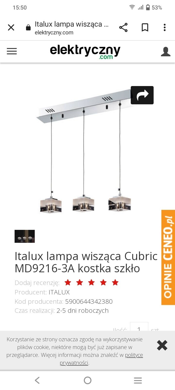 Lampa sufitowa szklana oraz klinkiety