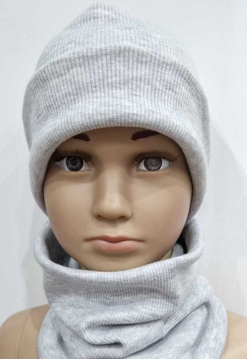 Komplet czapka z kominem, dzianina prążkowana, szary, uniwersalny