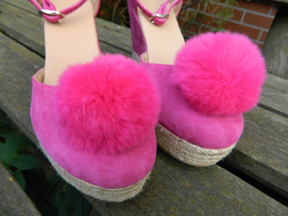 HISZPAŃSKIE koturny fuksja SKÓRA NATURALNA pompony Cuore Panico Ibiza