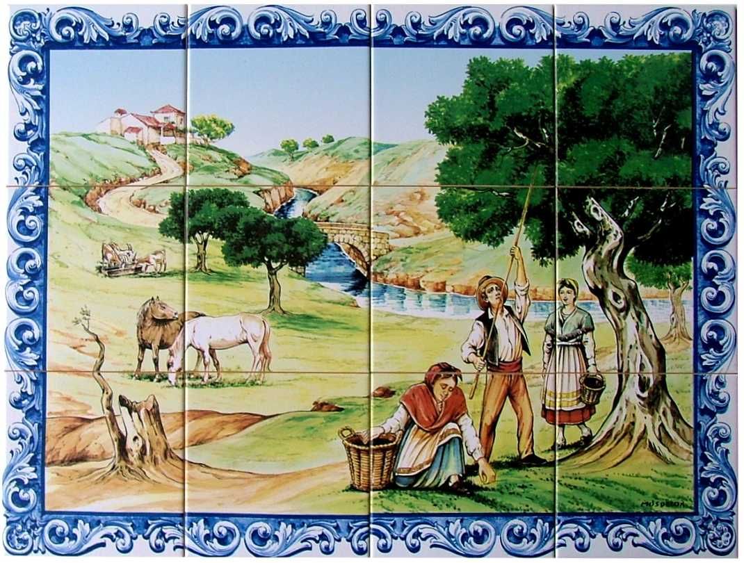 Painel de Azulejos Apanha da Azeitonas 60X45CM Quadro Oliveiras Olival