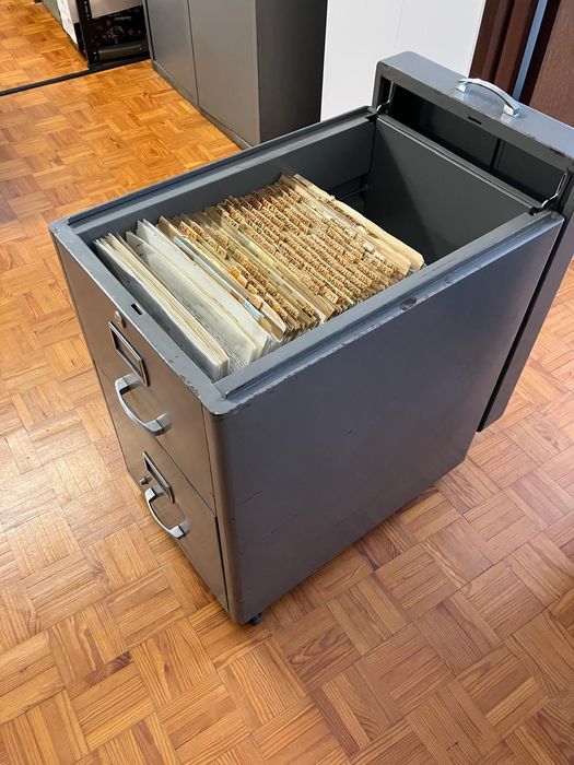 Móvel metálico rodado com dois compartimentos