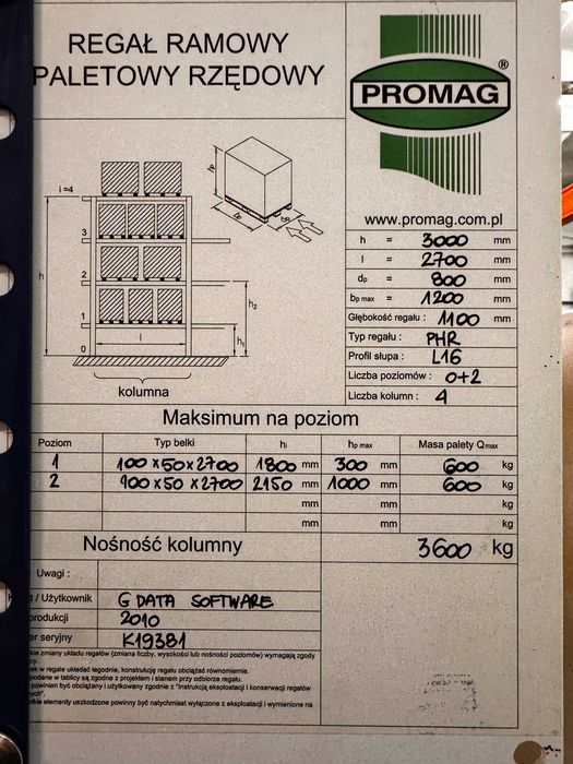 Regał ramowy paletowy rzędowy PROMAG