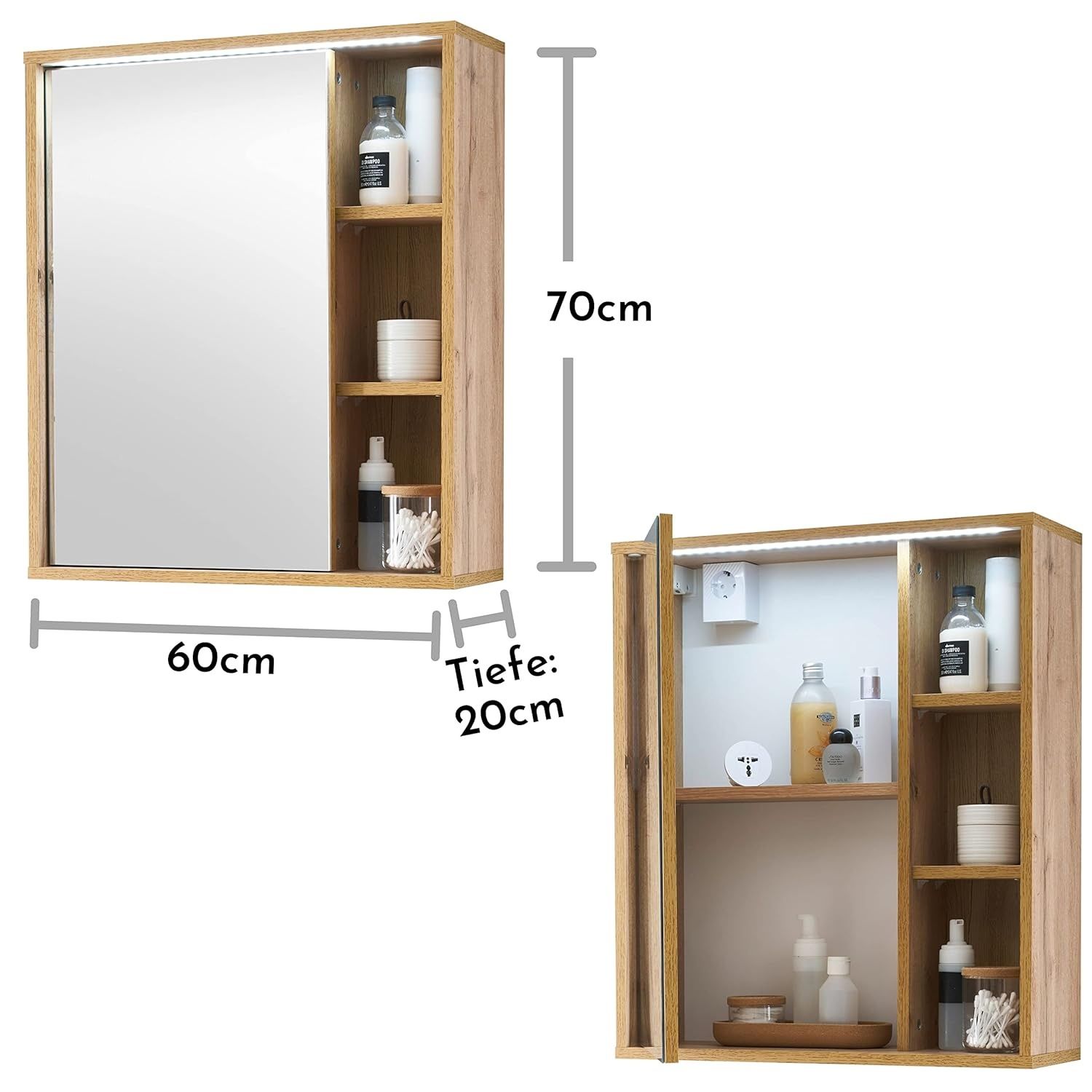 Wisząca Szafka łazienkowa  lustrem i LED  drewno 60 x 70 x 20