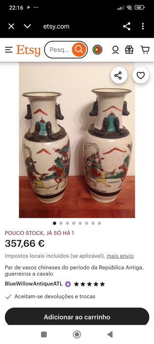 Jarro Vaso Porcelana Chinesa Séc XIX 36 cm