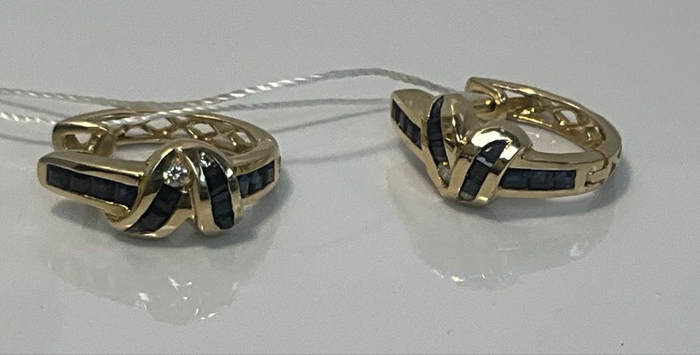 # сережки# золото 750# желтое# длина 1,9 см#сапфири#бриллианти#италия!