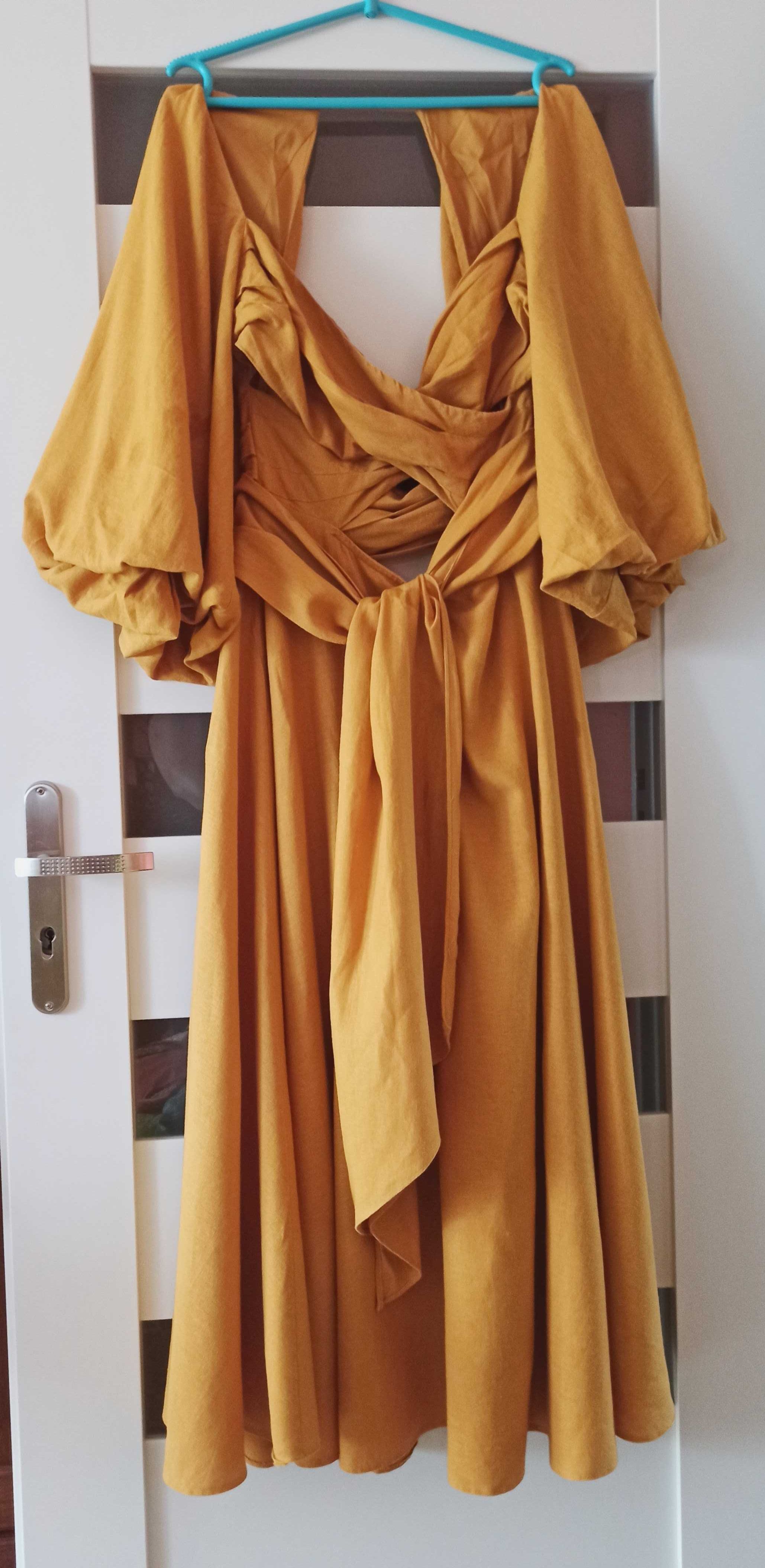 Lniana musztardowa sukienka midi z bufiastym rękawem ASOS