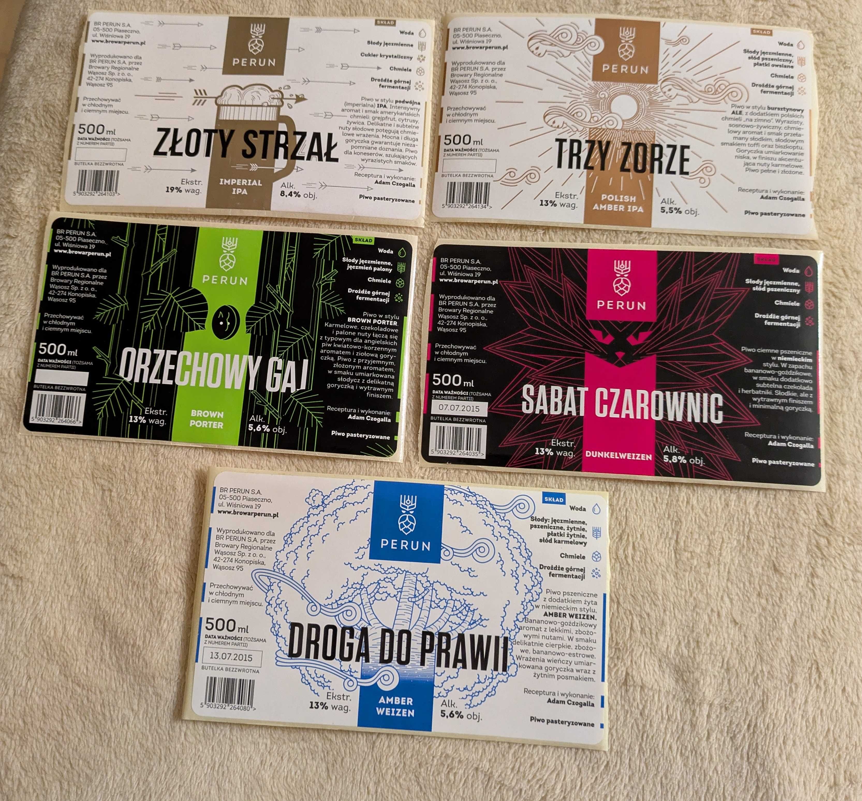 etykiety do piwa PERUN, nie używane 5 szt. UNIKAT