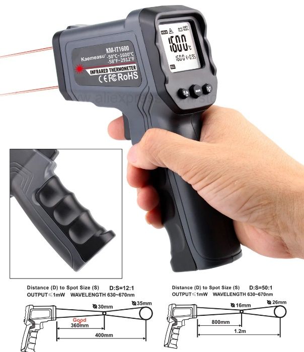 Цифровой пирометр с диапазоном измерения от -50 до 1600° C.