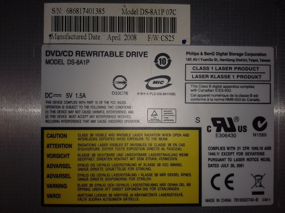 Продам оптический привод DVD-RW дисковод ноутбука DS-8A1P, в идеале.