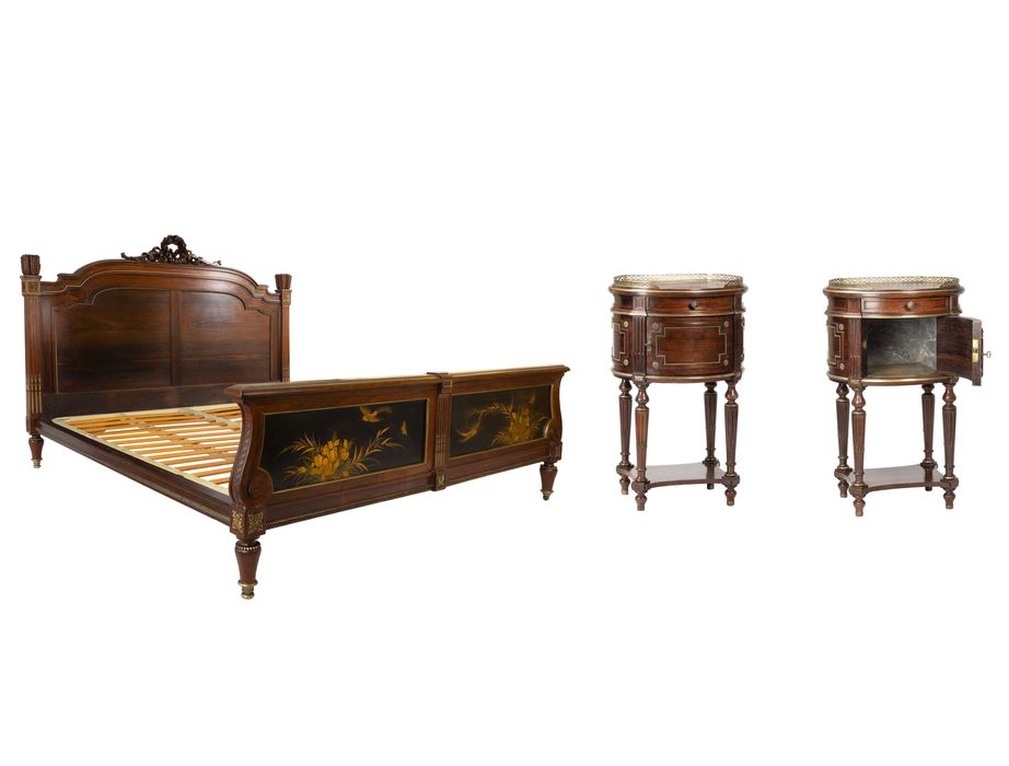 Conjunto Quarto, Cama e Mesas Pau Santo Napoleão III, Século XIX