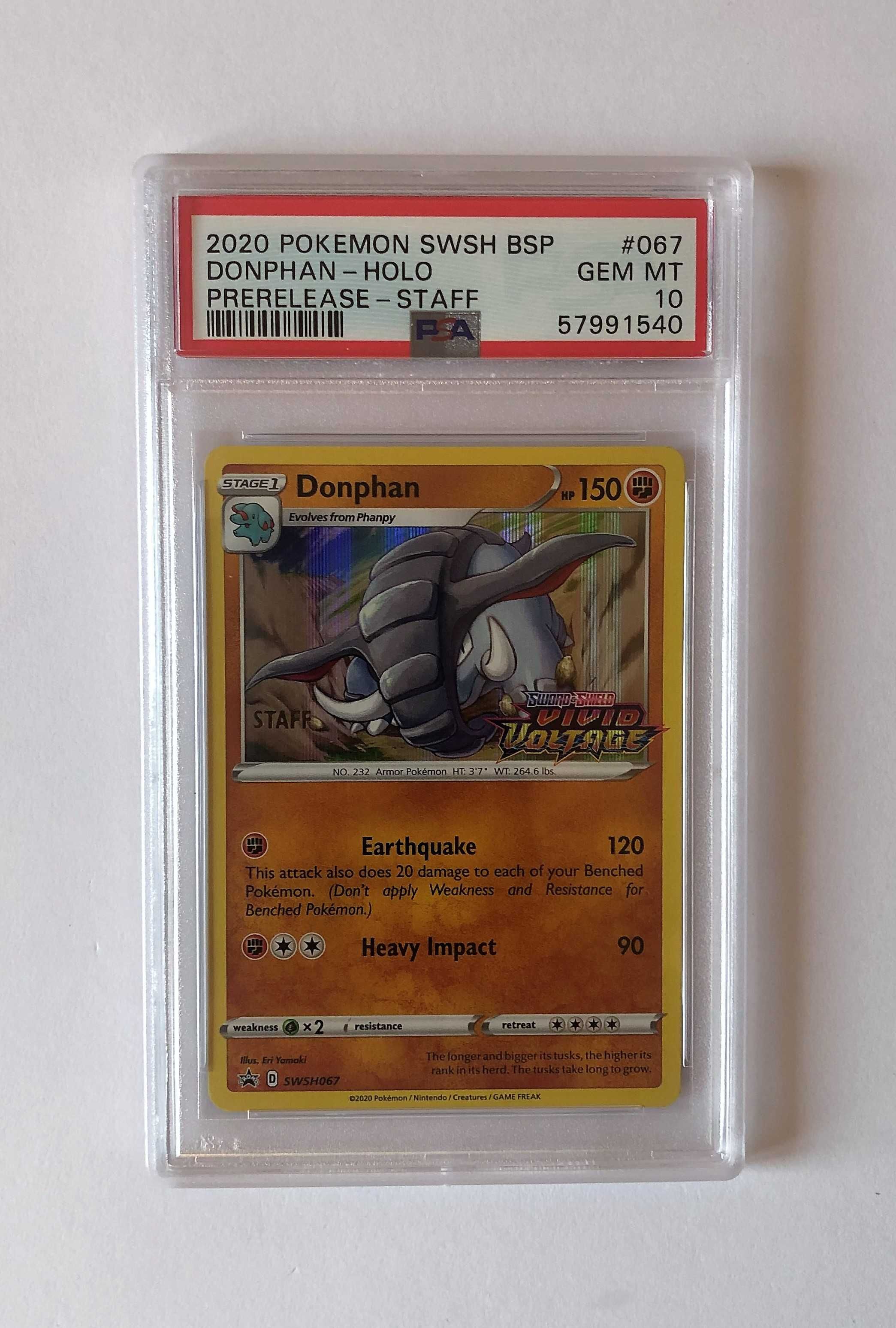 PSA 10 Pokemon Donphan SWSH 067 STAFF Prerelease Vivid Voltage HOLO