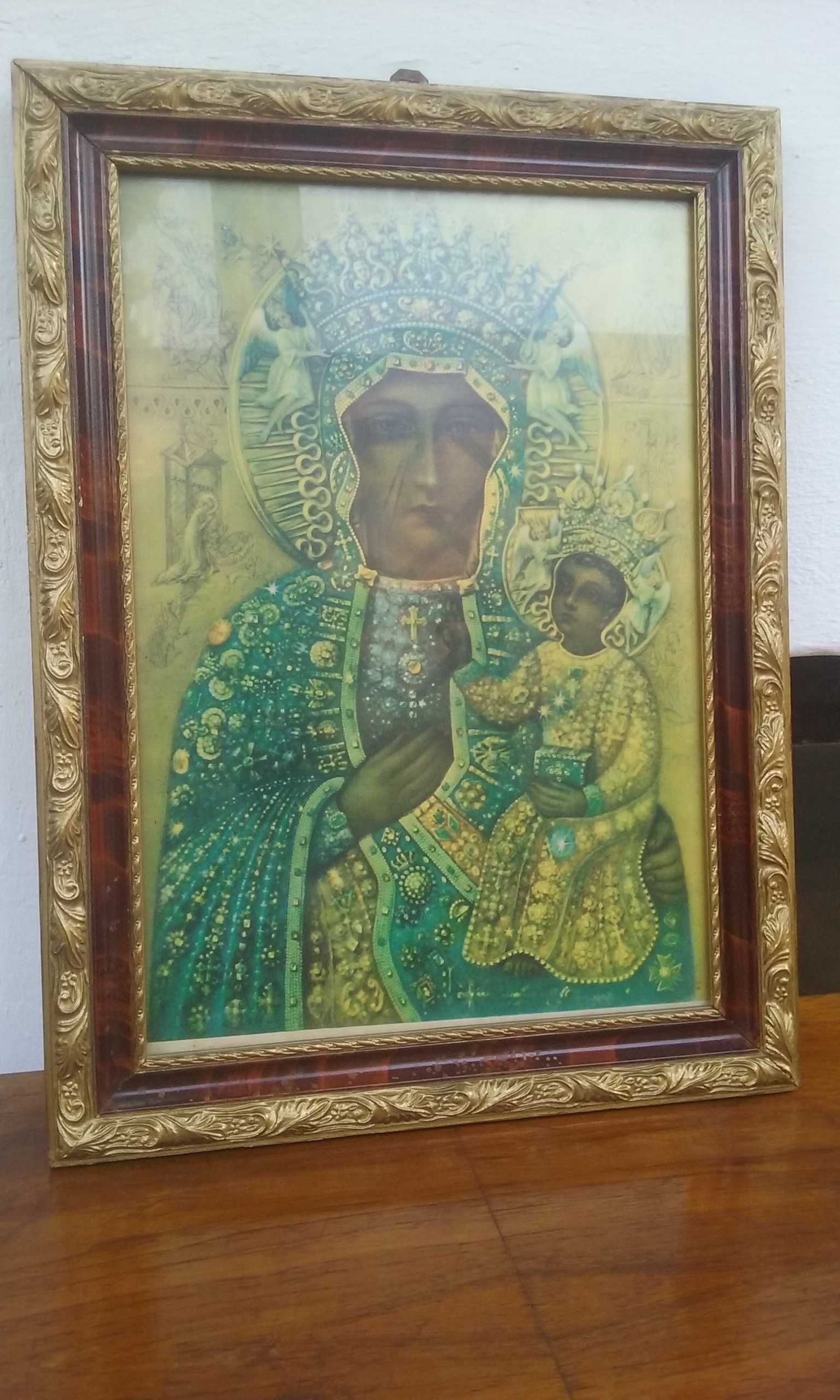 Stary obraz Matka Boska oleodruk w pięknej ramie