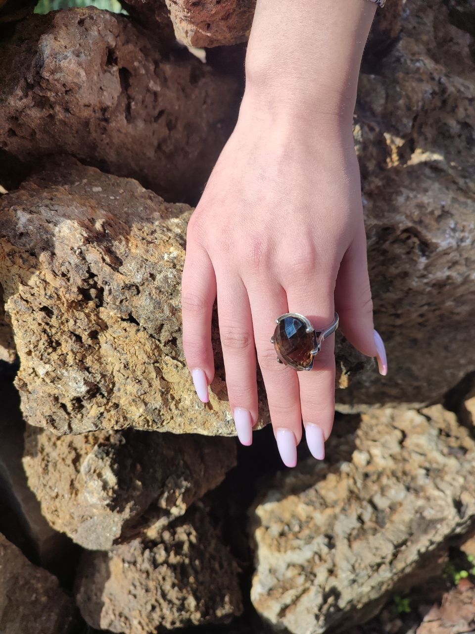 Серебрянное кольцо с кулоном с натуральным камнем раухтопаз