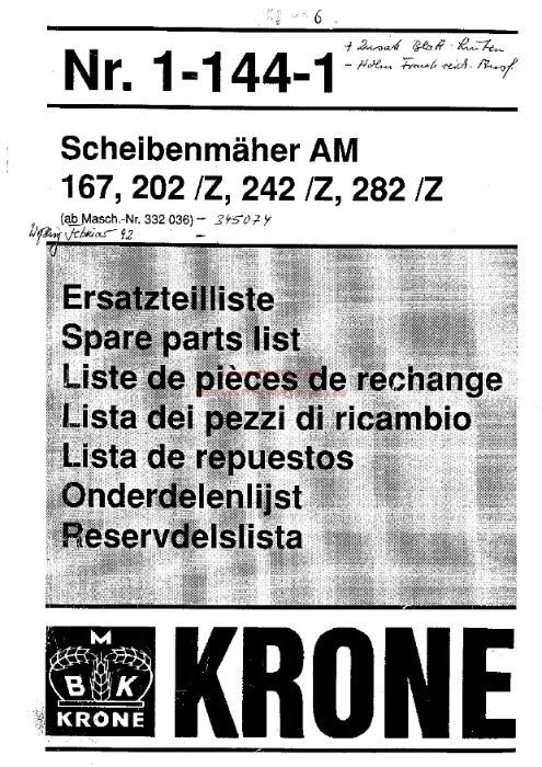 Katalog części kosiarka KRONE AM 167, 202/Z, 242/Z, 282/Z