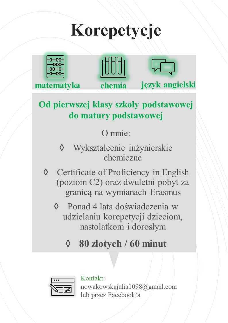 KOREPETYCJE język angielski chemia matemtyka