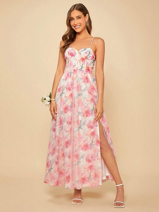 Sukienka Tiulowa W Kwiaty Gorsetowa Na Ramiączkach Rozkloszowana S 36