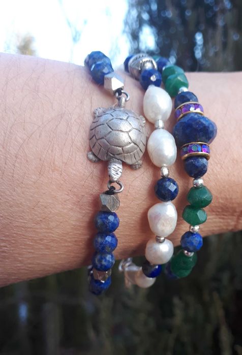 Bransoletka z kamieni Lapisu Lazuli i srebrny żółwiem 925