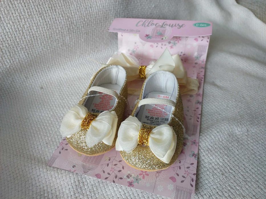 Balerinki złote brokatowe rozm. 16-17 + opaska z kokardą złotą NOWE