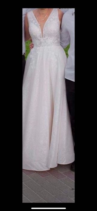 Suknia ślubna, koronkowy gorset, brokatowy dół