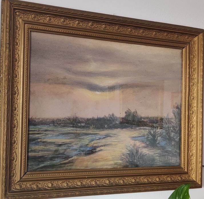 Obraz pastele w pięknej ciężkiej ramie za szkłem.