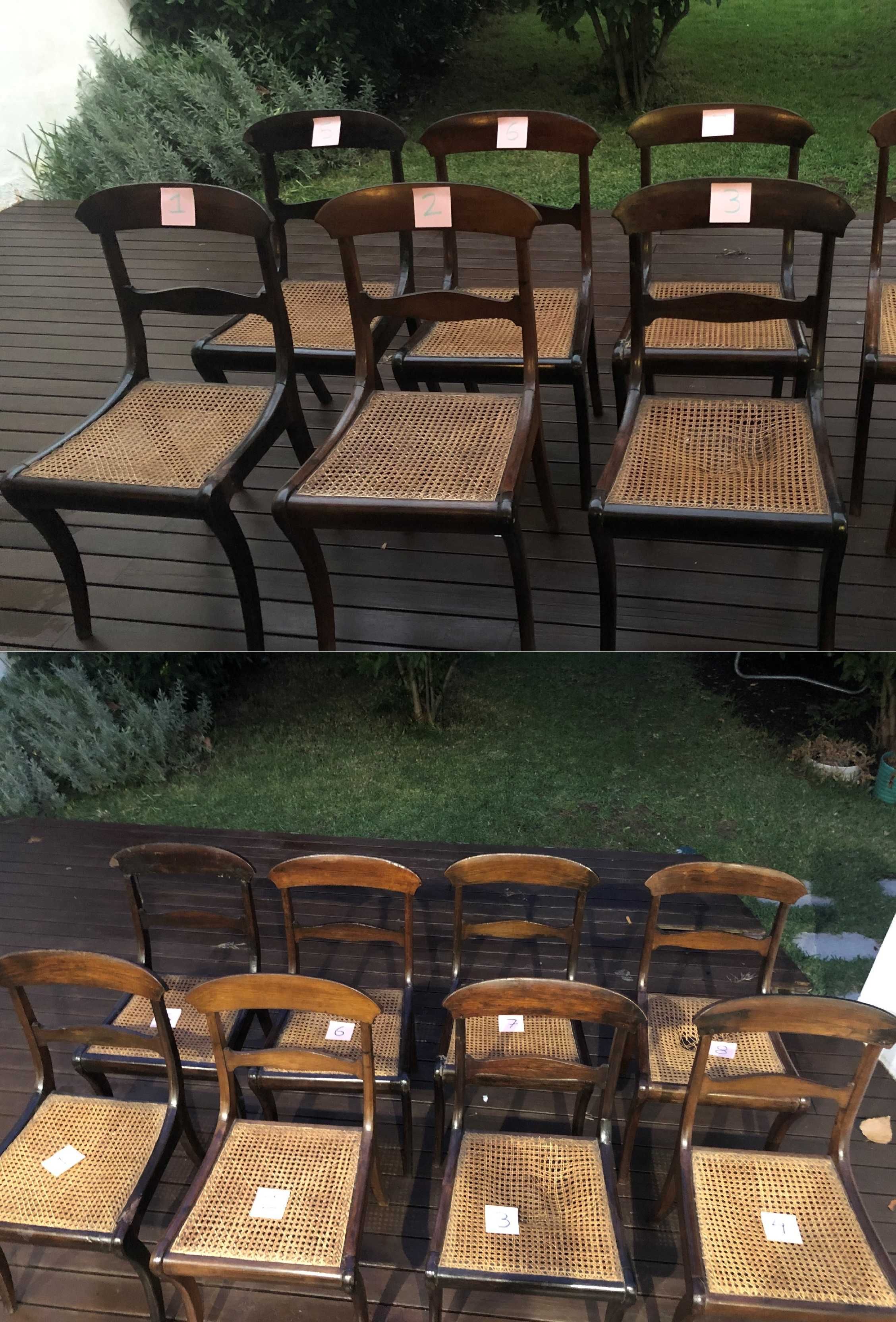 Conjunto de 8 cadeiras antigas em Pau Santo com assentos em palhinha